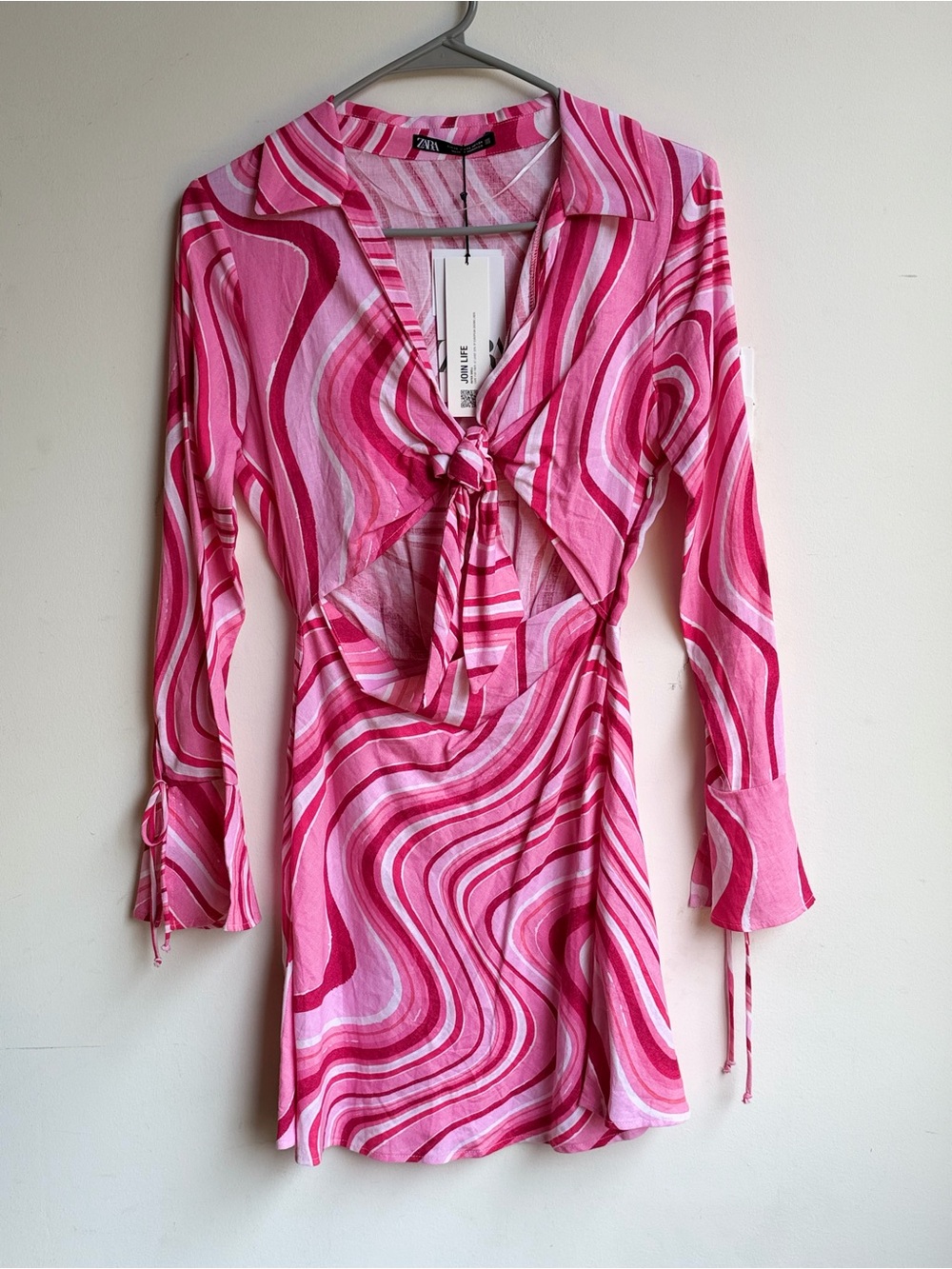 NWT Zara Pink & Fuchsia Swirl Tie-Front Long Sleeve Mini Dress